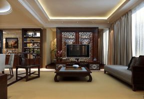 九龙仓御园130平中式风格装修客厅电视背景墙镂空隔断效果图
