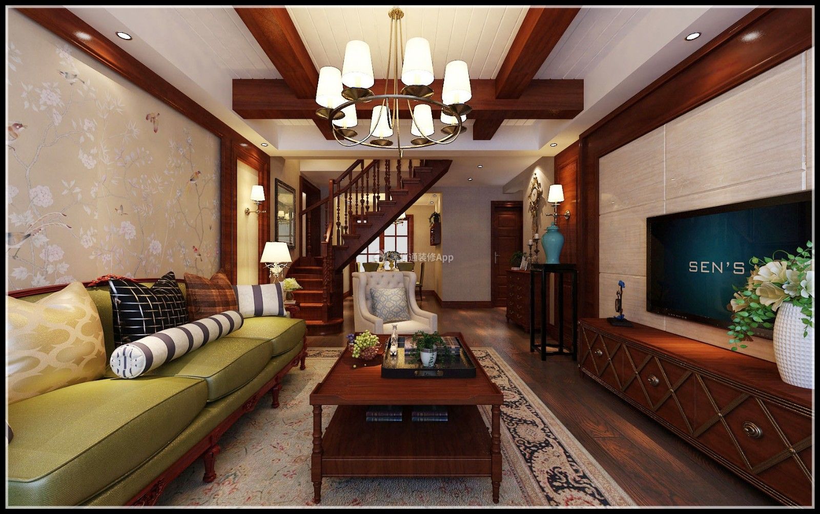 锦绣水居230平美式风格客厅实木茶几装修设计图