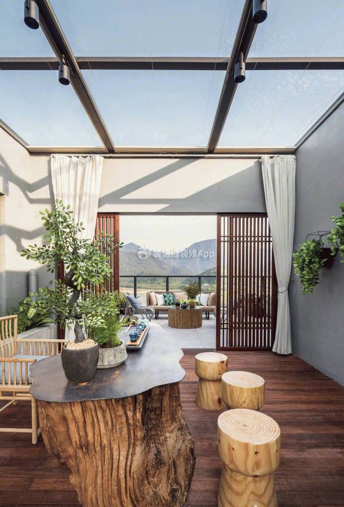 璜山别墅500平中式风格阳台装修设计效果图