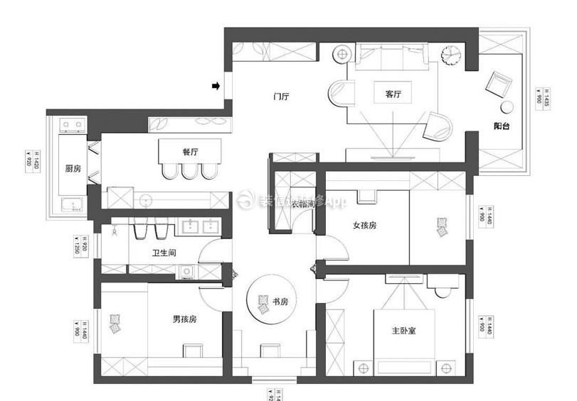 保利江语城三居98平现代风格户型图