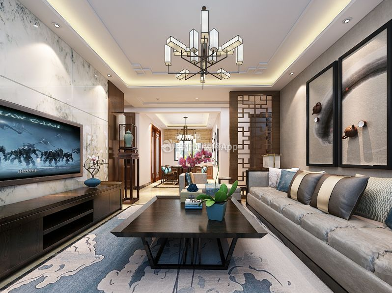 中海华山龙城中式风格111平米三居室客厅装修设计效果图