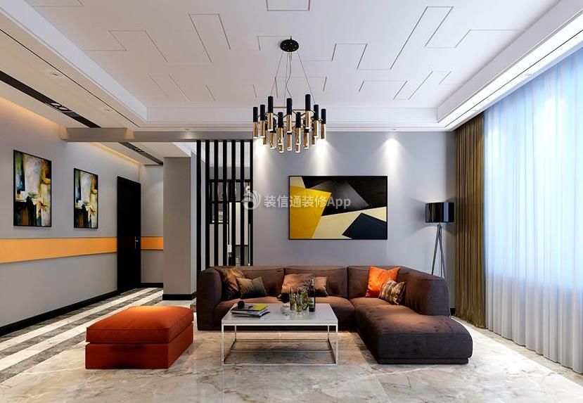 保利江语城150平大平层现代风格客厅背景墙几何装饰画效果图