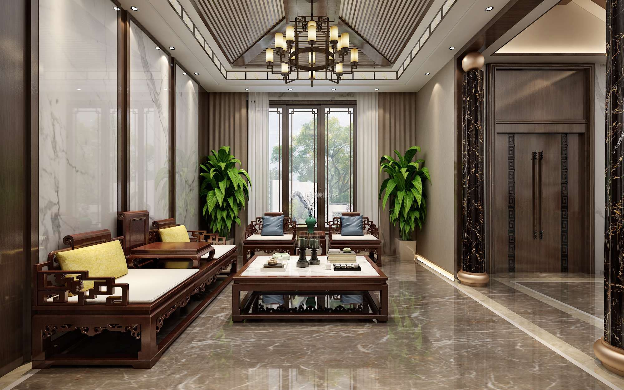 香樟园1200平方新中式别墅室内罗汉床装修效果图