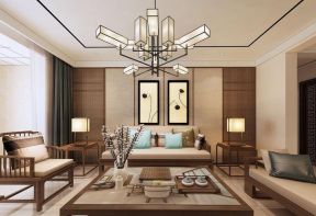 保利江语城三居138平新中式风格客厅实木沙发茶几设计效果