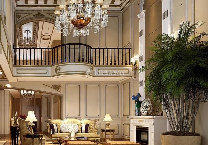 遂宁大院300平别墅法式风格挑高客厅壁炉设计图