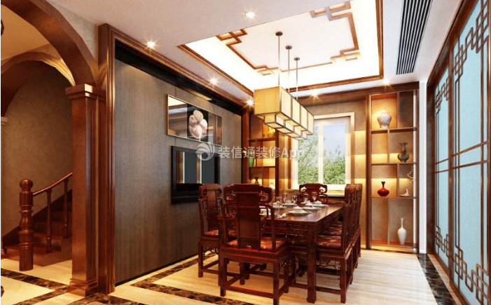 桃都国际350平独栋别墅新中式餐厅装修效果图