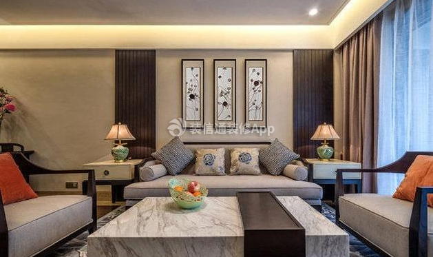 华府御园二居91平中式风格客厅沙发装饰设计效果图