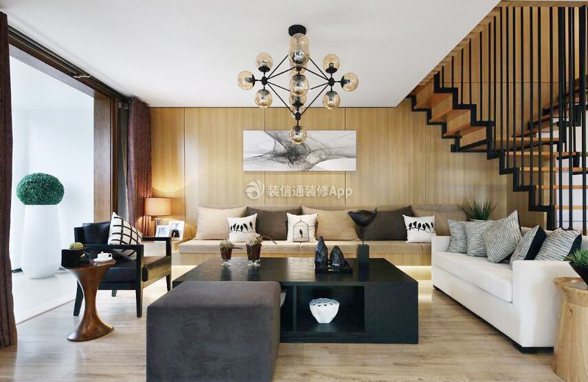 150平米复式房子客厅木背景墙装修设计效果图片