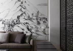 华远海蓝城二居89平中式风格客厅沙发背景墙装修设计效果图
