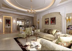 黄海明珠三居130平欧式风格客厅沙发背景墙壁纸图片