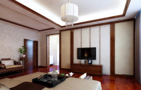 桃都国际350平独栋别墅新中式卧室电视墙装修图片