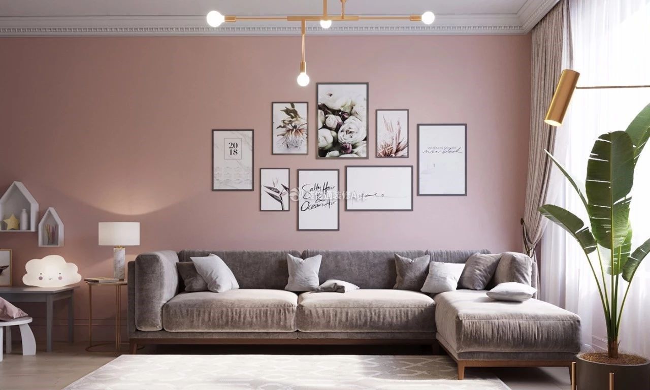 时尚混搭家庭客厅粉色背景墙面装修图片大全