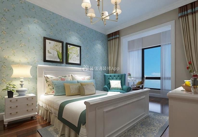 万光山海城四居120平美式风格卧室床头背景墙壁纸效果图片