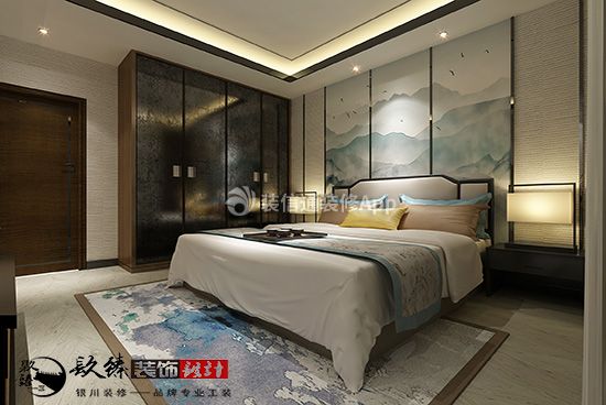 香树花城300平新中式风格别墅卧室床头设计造型图