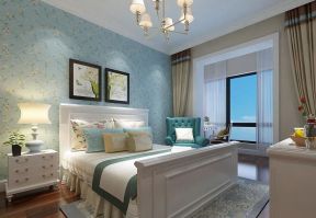 万光山海城四居120平美式风格卧室床头背景墙壁纸效果图片