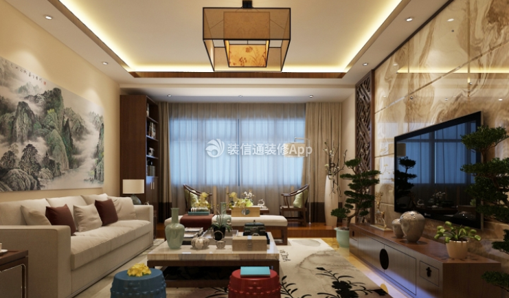 赵庄社区130平米中式风格客厅装修效果图