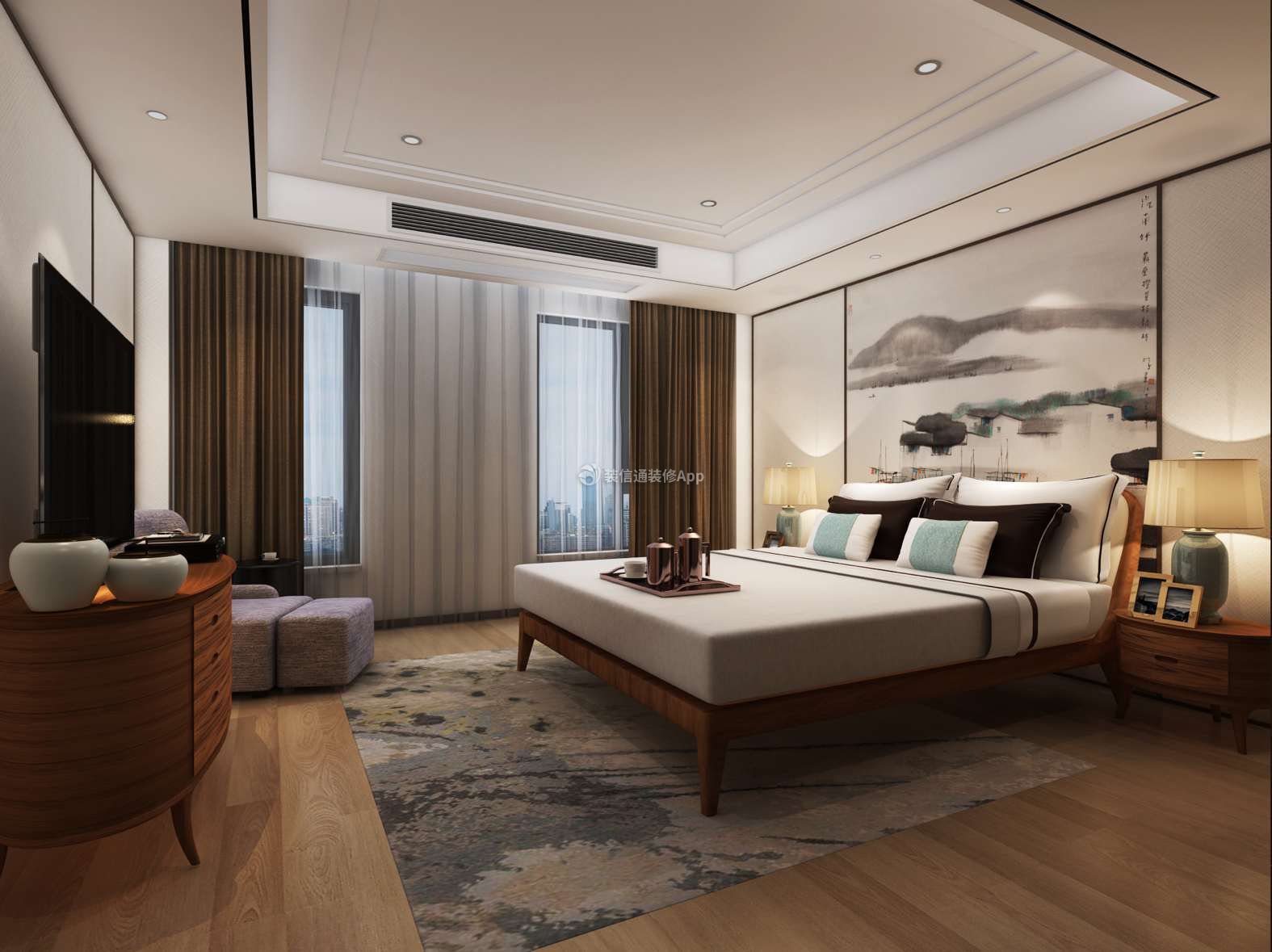 新中式风格别墅200平卧室装修设计效果图大全