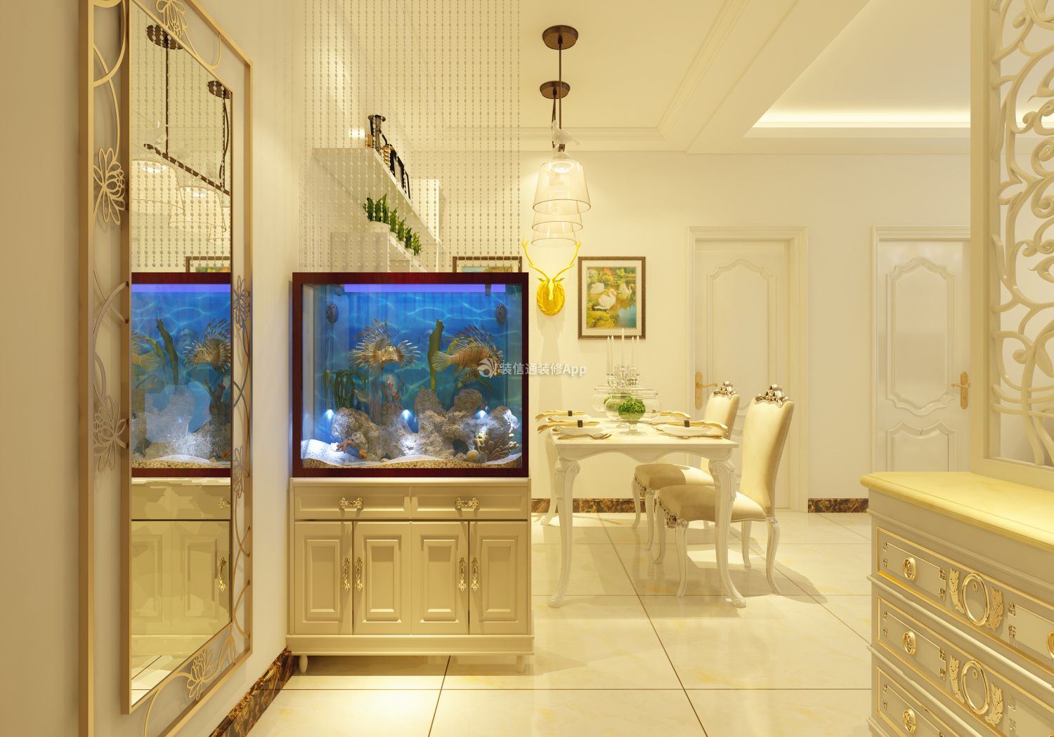 欧式风格90平米三居室餐厅鱼缸装修设计效果图片