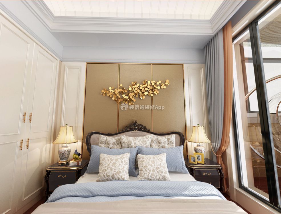 新中式风格290平别墅卧室背景墙效果图