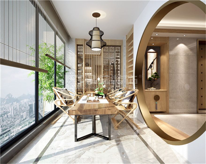200平四居新中式风格阳台实木茶桌椅效果图片