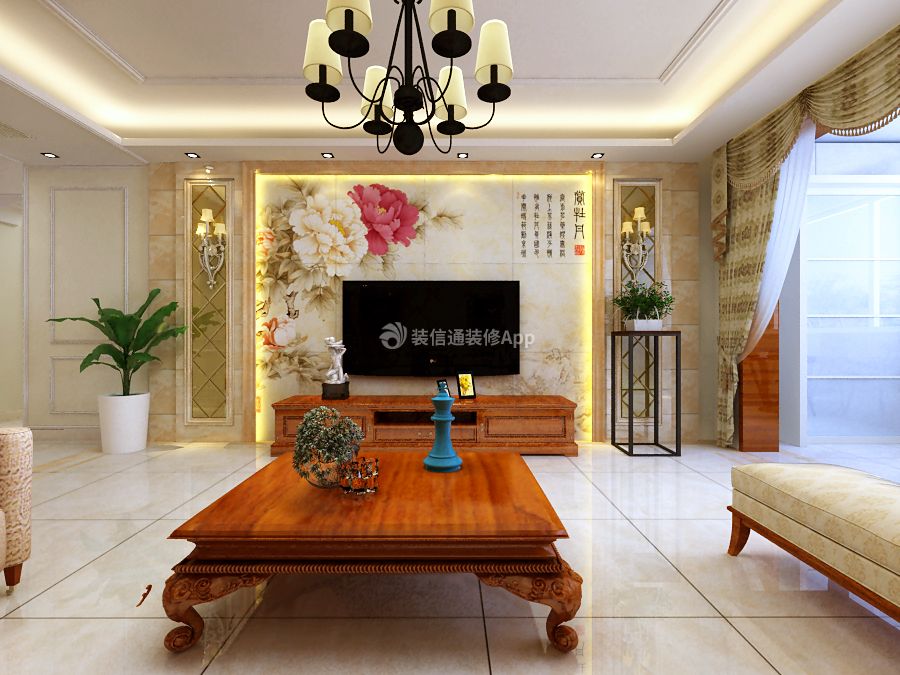 现代中式风格141平米四居客厅电视墙装修图片