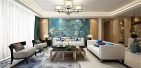 200平四居新中式风格客厅沙发背景墙墙布图案效果
