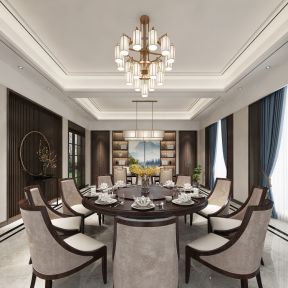 新中式风格275平别墅餐厅餐桌效果图