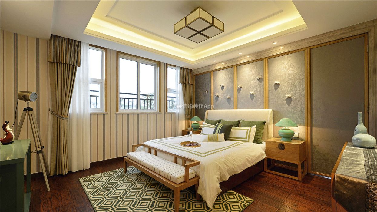 350平米新中式风格别墅卧室背景墙装修设计效果图