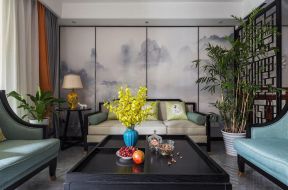 新中式风格108平米三居室客厅背景墙设计图片