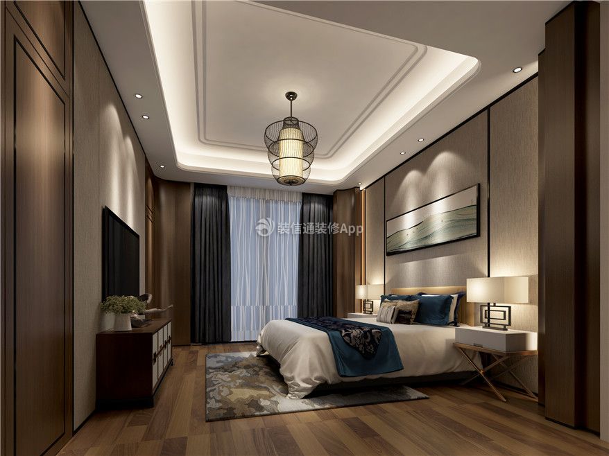 别墅650平新中式风格卧室背景墙挂画设计图