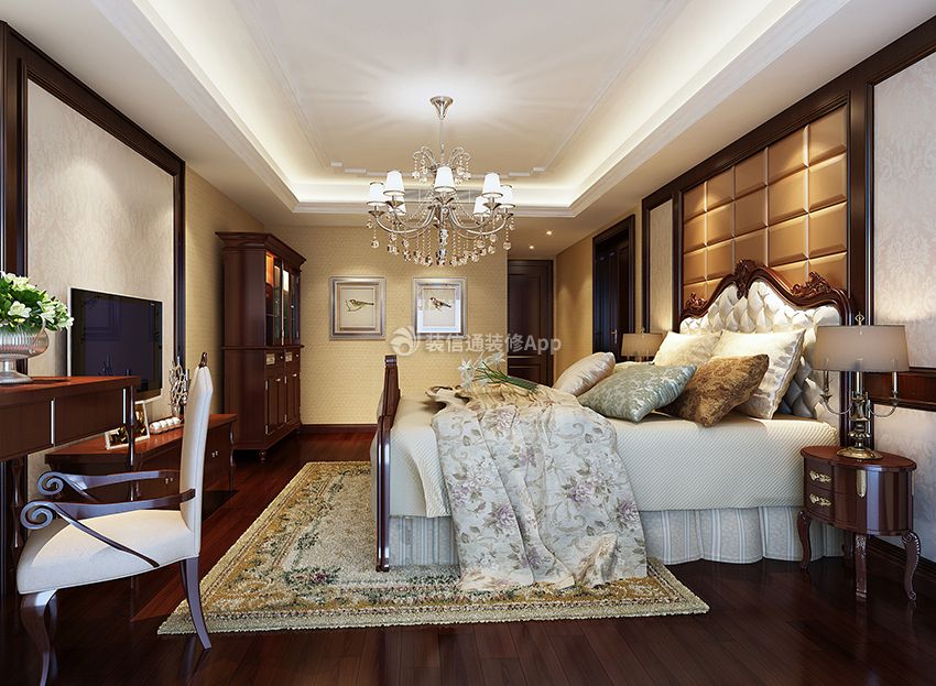 别墅450平新古典风格卧室床头软包装饰效果图