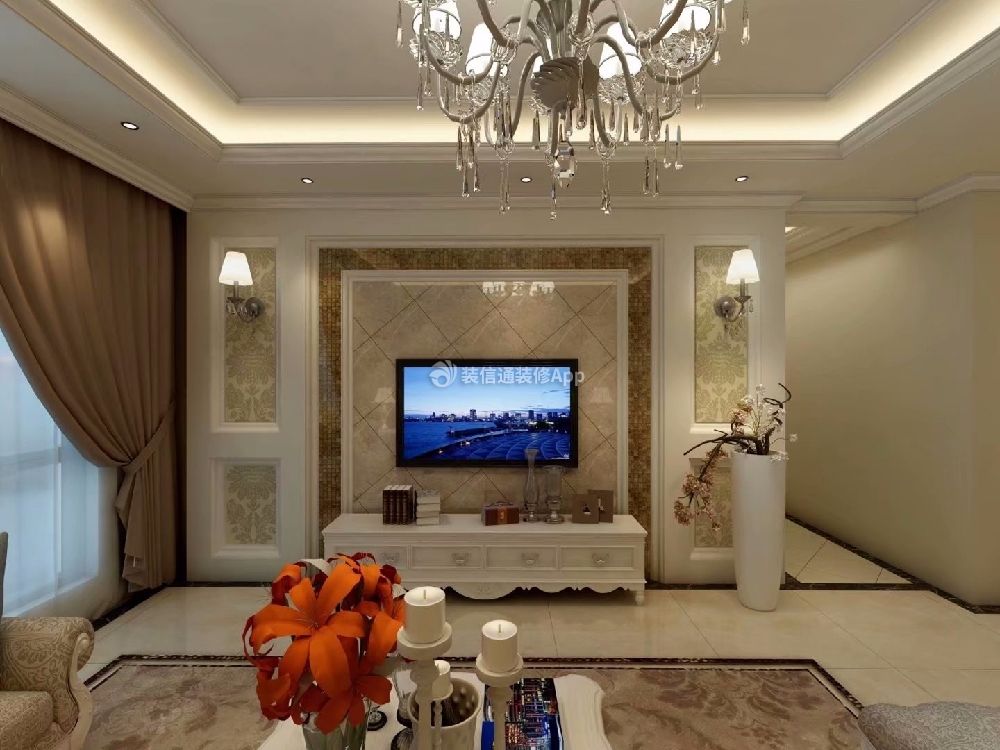 豪华95平欧式风格三居室客厅电视墙效果图大全