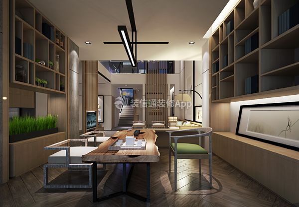 新中式风格420平别墅书房实木书桌效果图片