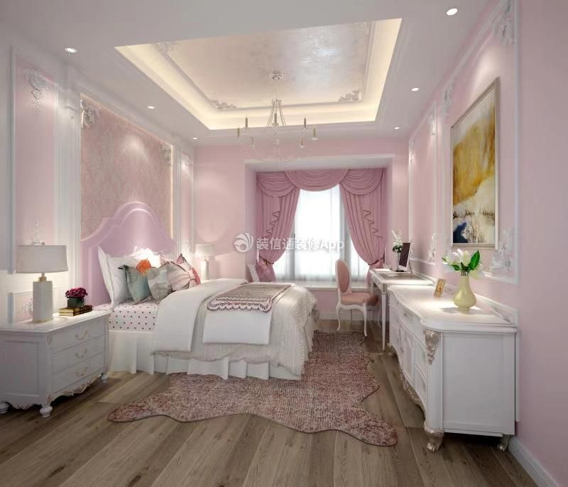 四居261平欧式风格粉色少女心卧室窗帘效果图片