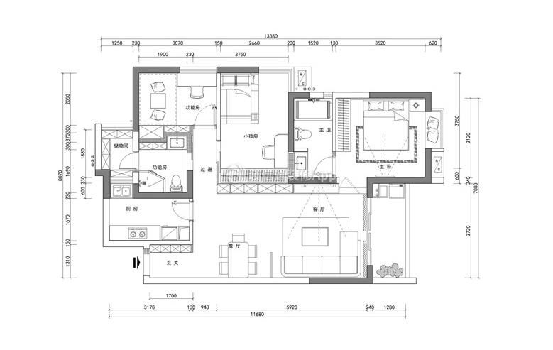 131平極簡風格三居平面設計圖