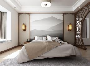 三室一厅一厨一卫新中式风格卧室床头背景墙画设计图