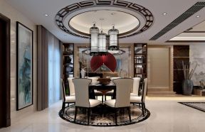 中式风格500平别墅餐厅圆形吊顶设计效果图