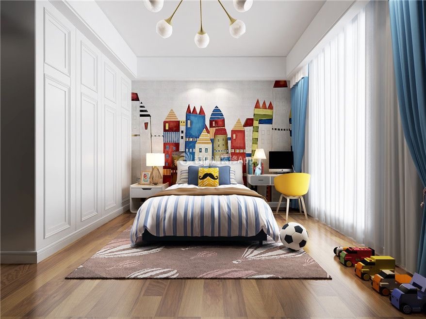 三室一厅一厨一卫简欧风格儿童房手绘床头背景墙图案效果