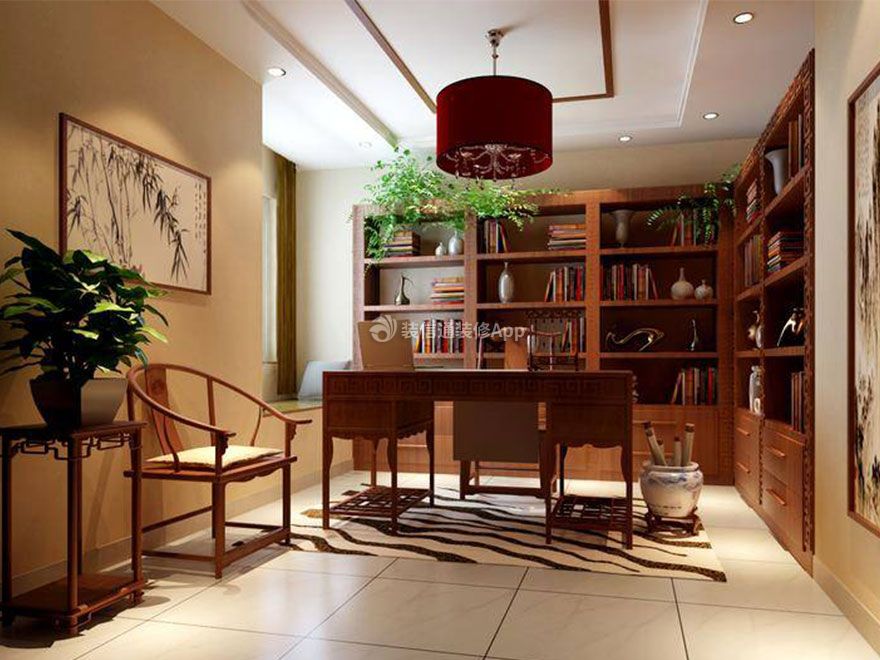 大港振业里中式风格165平米书房实木圈椅摆放效果图片