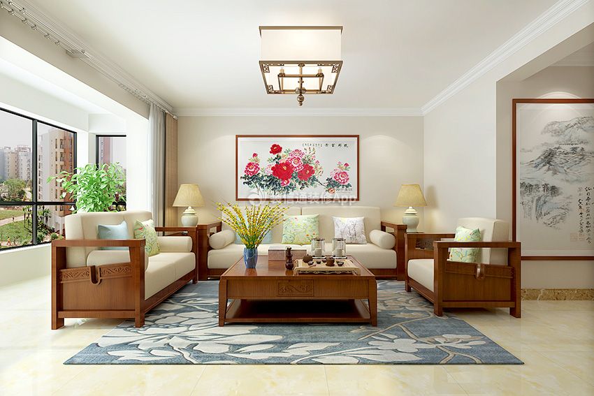二居140平新中式风格客厅沙发设计图