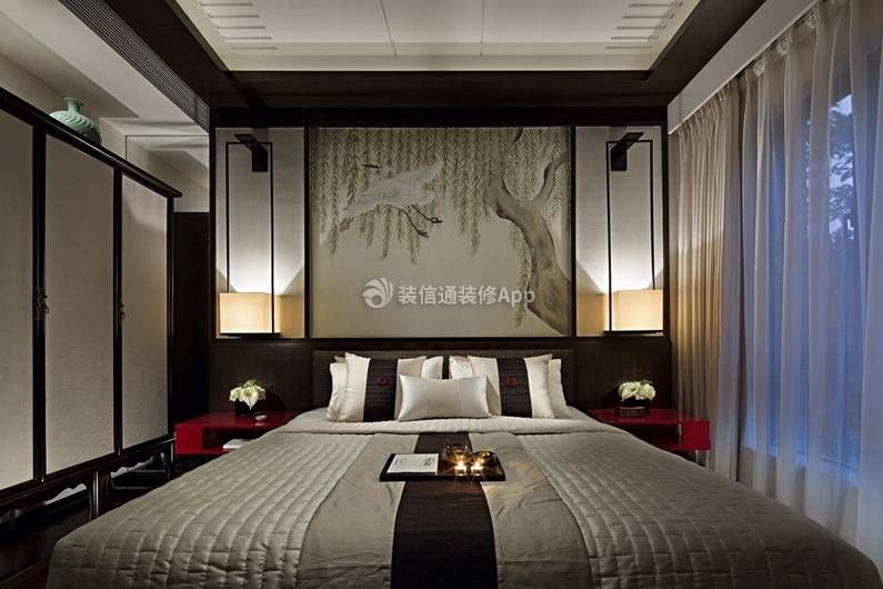 现代中式风格200平米别墅卧室背景墙实景图