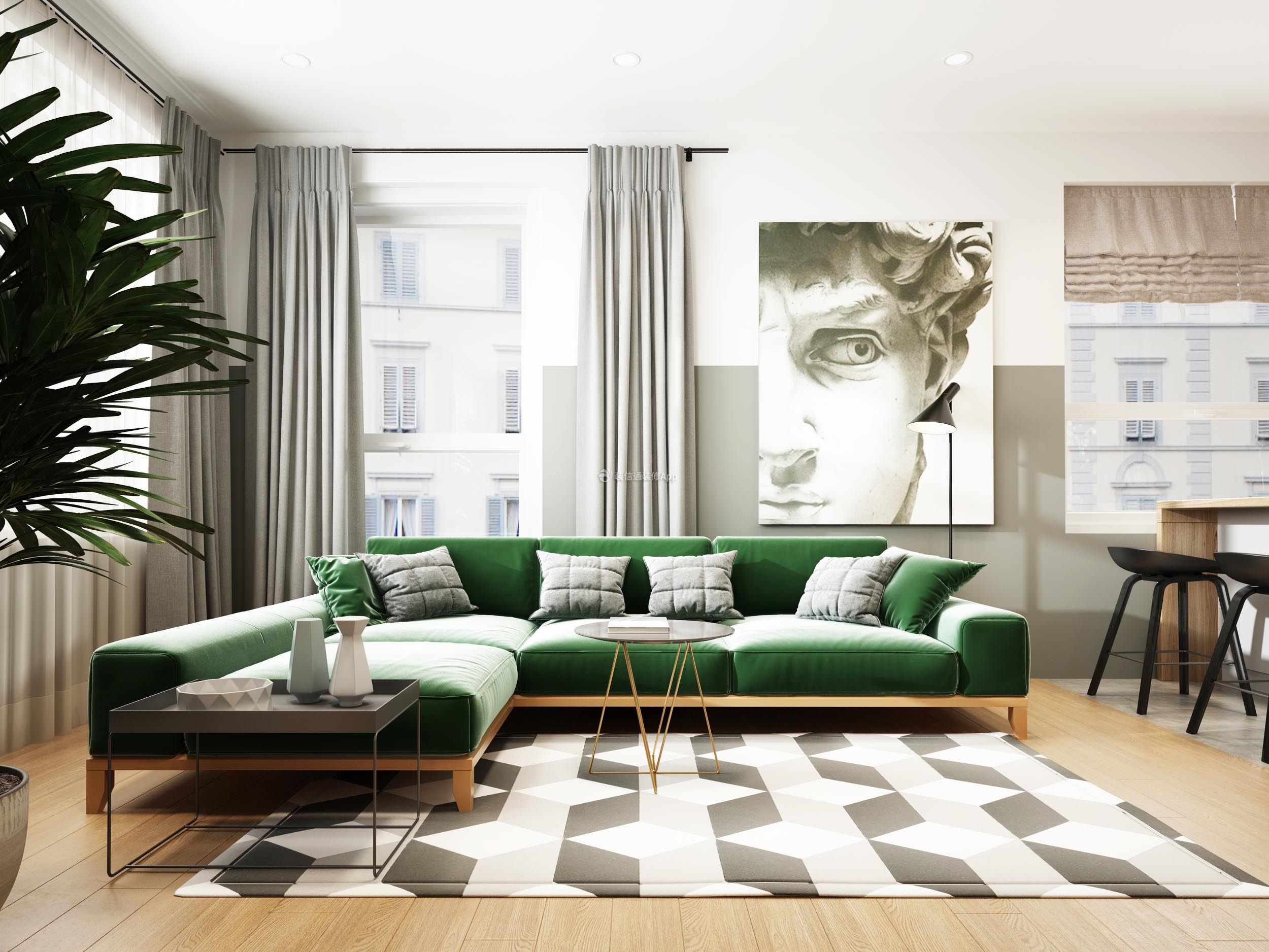 绿色北欧风格89平米三居室客厅沙发墙设计图片