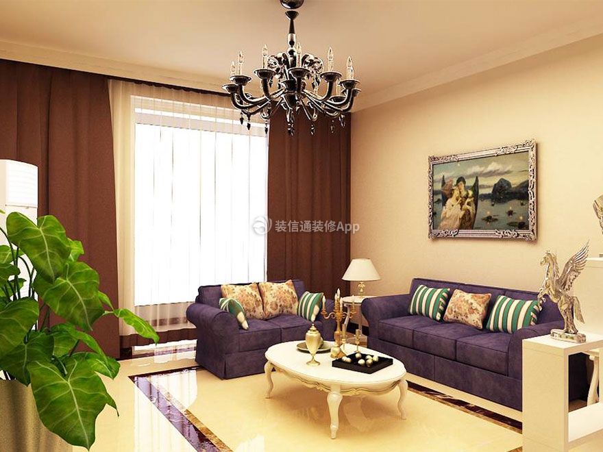 92平米二居室混搭风格客厅紫色沙发装修图片