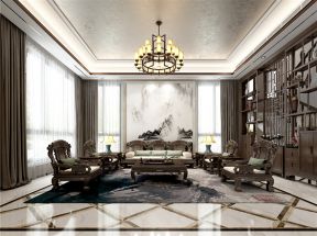 别墅326平新中式风格客厅实木沙发茶几效果图