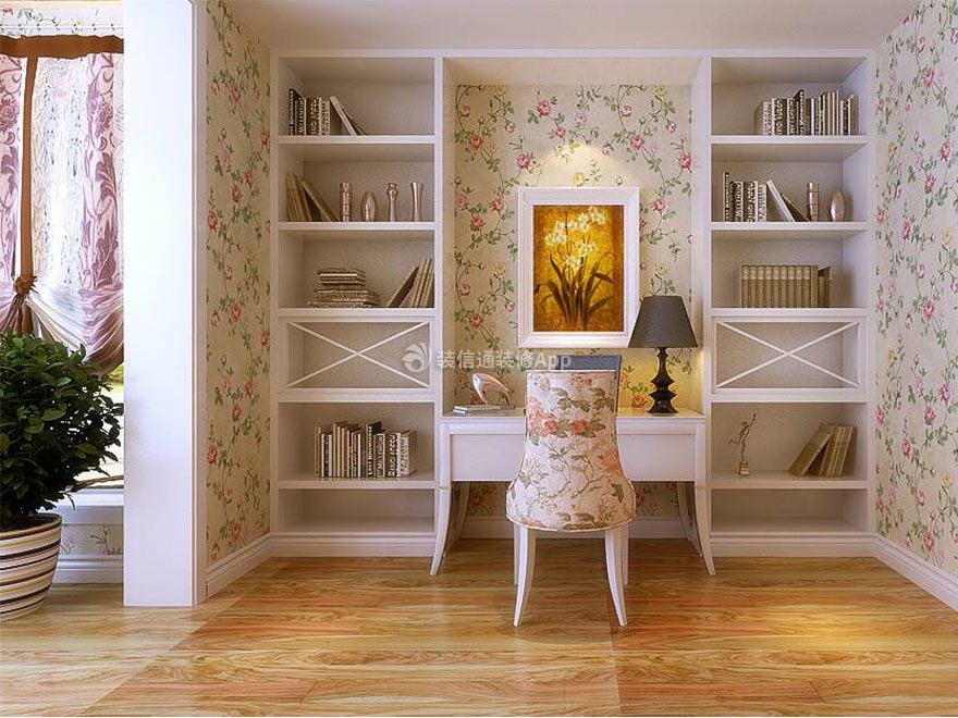 田园风格90平米书房书桌柜一体设计图