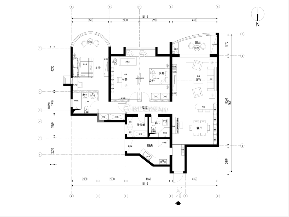 144平米三居室新中式风格平面户型图