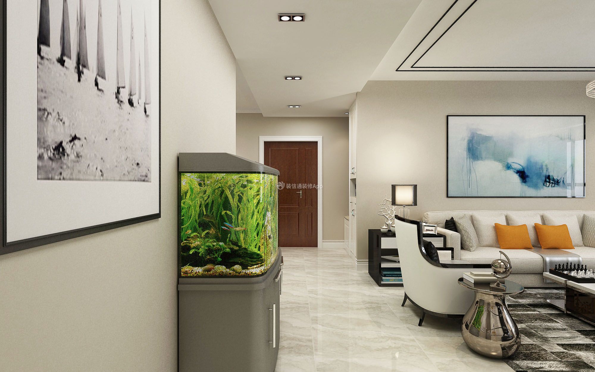 现代风格140平三居室客厅鱼缸装修案例