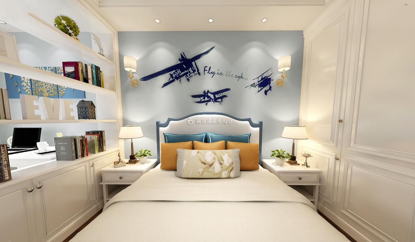 300平美式风格别墅卧室背景墙装饰图片