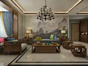 中式风格124平四居室客厅背景墙装修效果图