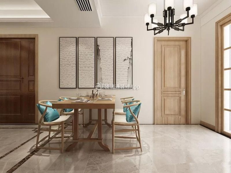 三居140平新中式风格餐厅原木系桌椅效果图片